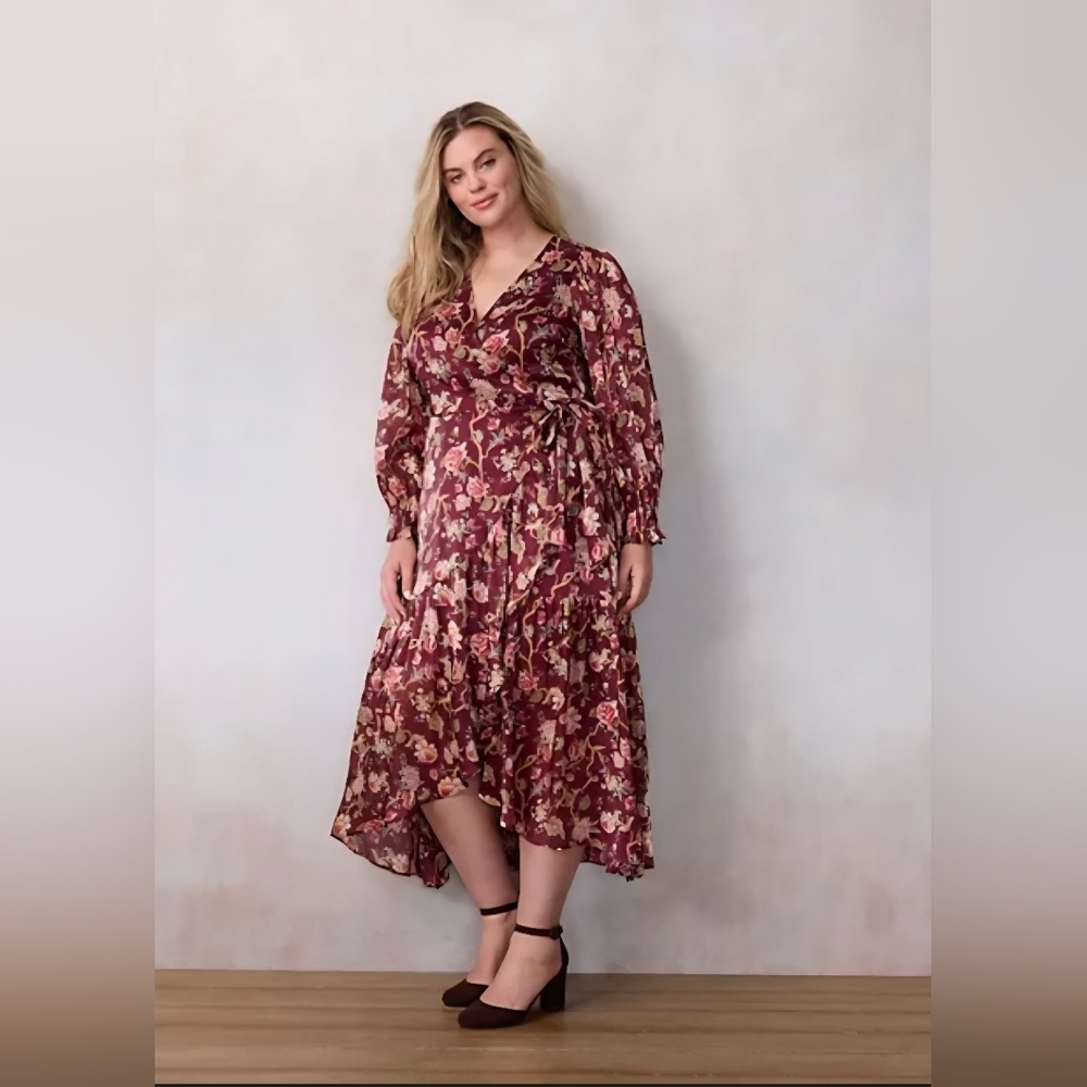 LC Lauren Conrad Burgundy Floral High-Low Wrap Dress Size 1X New